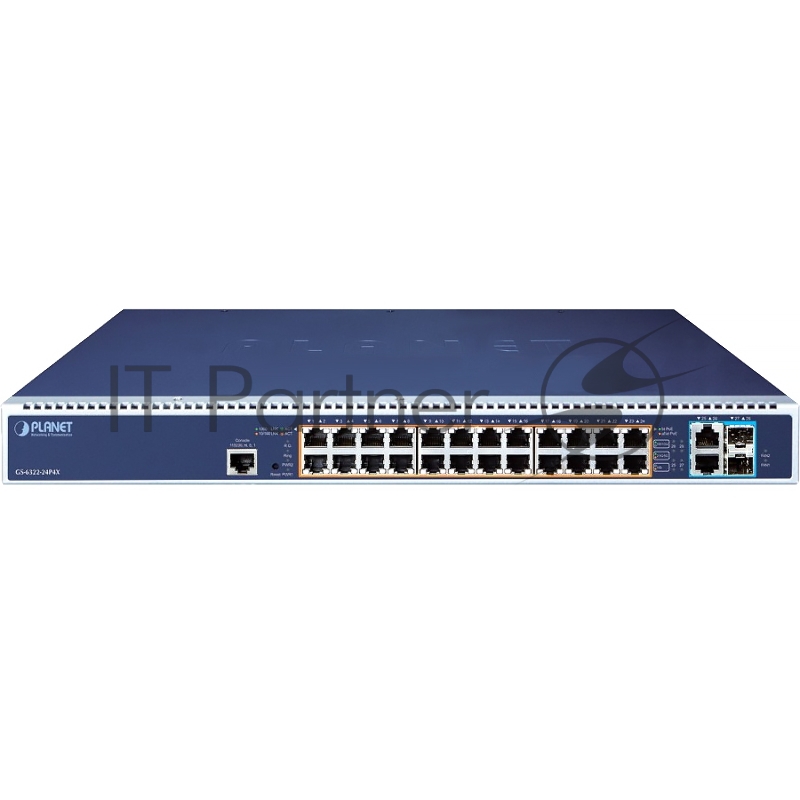 Коммутатор PLANET GS-6322-24P4X L3 24-Port 10/100/1000T 95W 802.3bt PoE + 2-Port 10GBASE-T + 2-Port 10G SFP+ Managed Switch with dual modular power supply slots (24-port 95W PoE++, max. 2,280-watt PoE budget, RPS(1+1)/EPS(2+0) mode, ERPS Ring, ONVIF,