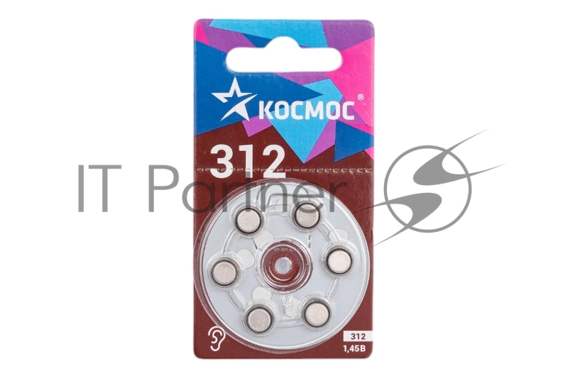 Батарейка воздушно-цинковая для слухового аппарата ZA312 (312 PR41 DA312 V312A) 1.45В (уп.6шт) КОСМОС KOCZA-312BL6