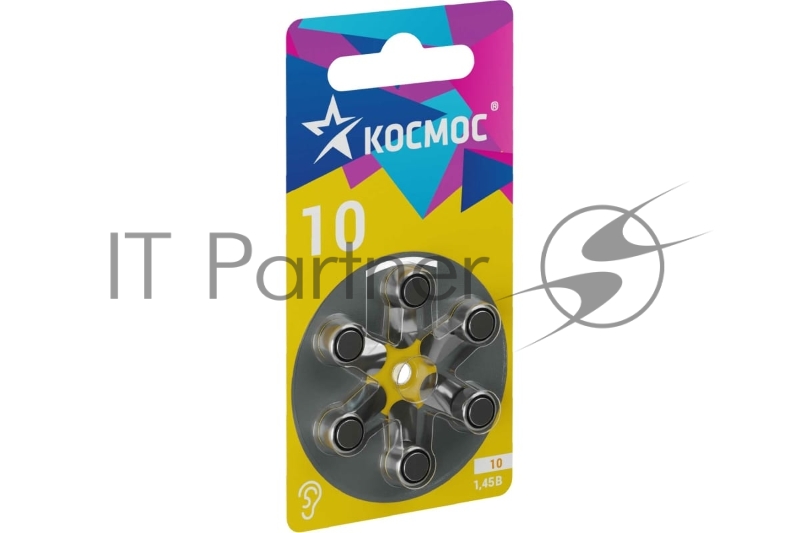 Батарейка воздушно-цинковая для слухового аппарата ZA10 (10 PR70 DA230 V10) 1.45В (уп.6шт) КОСМОС KOCZA-10BL6