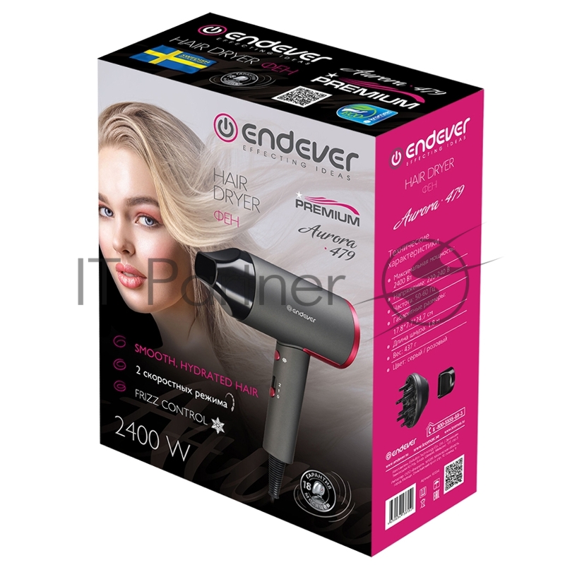 Фен Endever Aurora-479, Мощность 2400 Вт, Режим «холодный воздух», 2 скоростных режима, покрытие Soft Touch