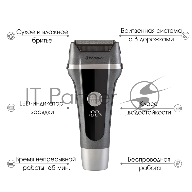 Бритва Endever Sven-966, аккумуляторная, сухое и влажное бритье, сетчатая бритва, время непрерывной работы 65 минут, LED