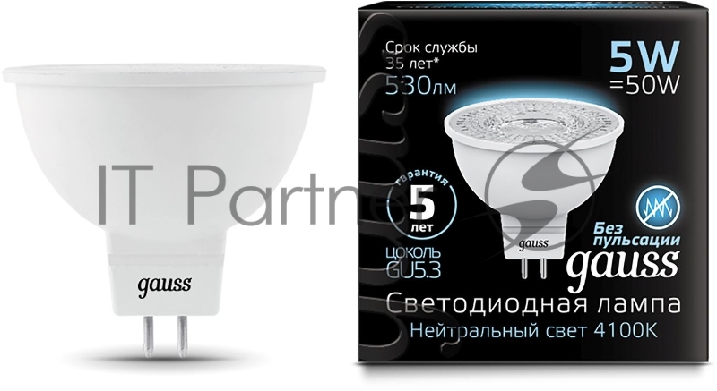 Лампа светодиодная Gauss Black 5Вт цок.:GU5.3 рефлектор 220B 4100K св.свеч.бел.ней. MR16 (упак.:10шт) (101505205)
