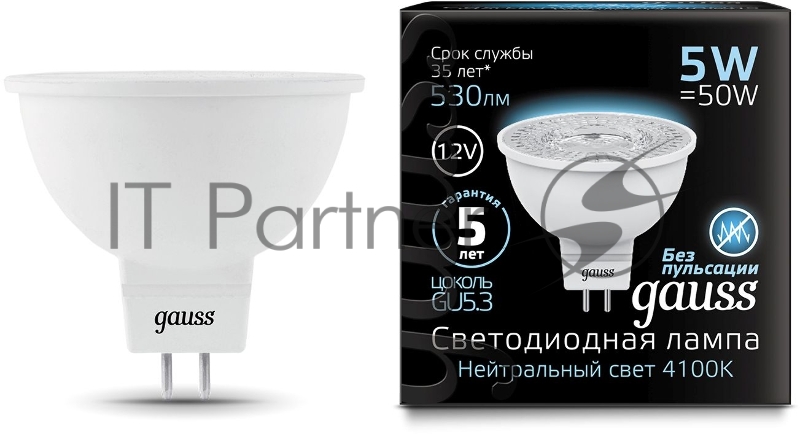 Лампа светодиодная Gauss Black 5Вт цок.:GU5.3 рефлектор 12B 4100K св.свеч.бел.ней. MR16 (упак.:10шт) (201505205)