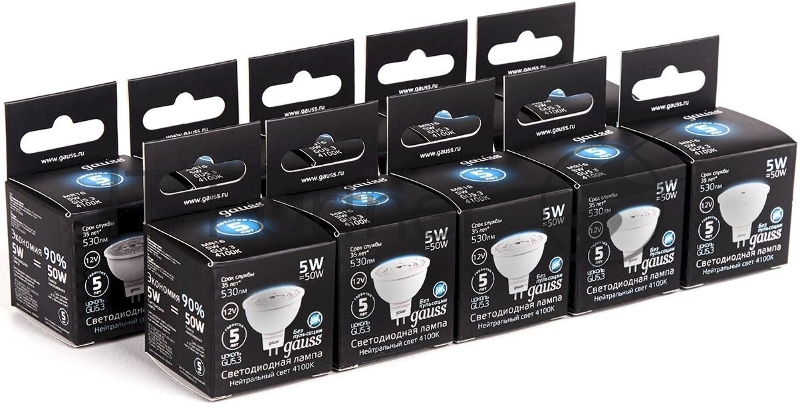 Лампа светодиодная Gauss Black 5Вт цок.:GU5.3 рефлектор 12B 4100K св.свеч.бел.ней. MR16 (упак.:10шт) (201505205)