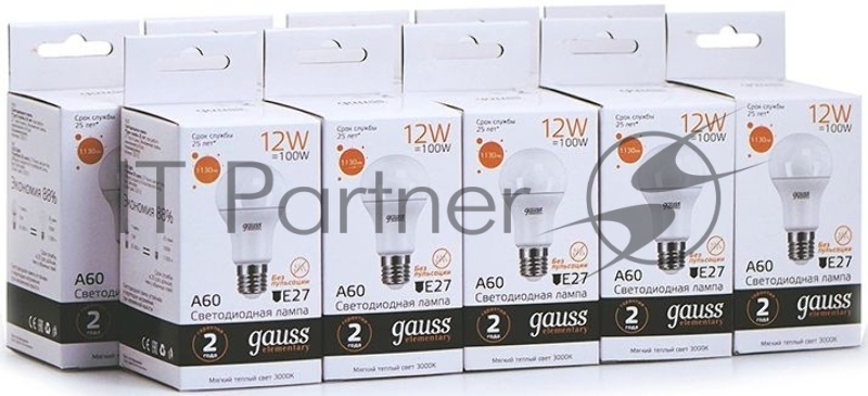 Лампа светодиодная Gauss Elementary 12Вт цок.:E27 груша 220B 3000K св.свеч.бел.теп. A60 (упак.:10шт) (23212)