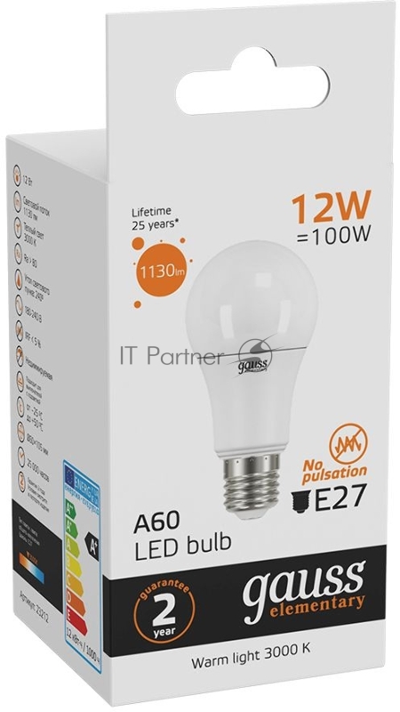 Лампа светодиодная Gauss Elementary 12Вт цок.:E27 груша 220B 3000K св.свеч.бел.теп. A60 (упак.:10шт) (23212)
