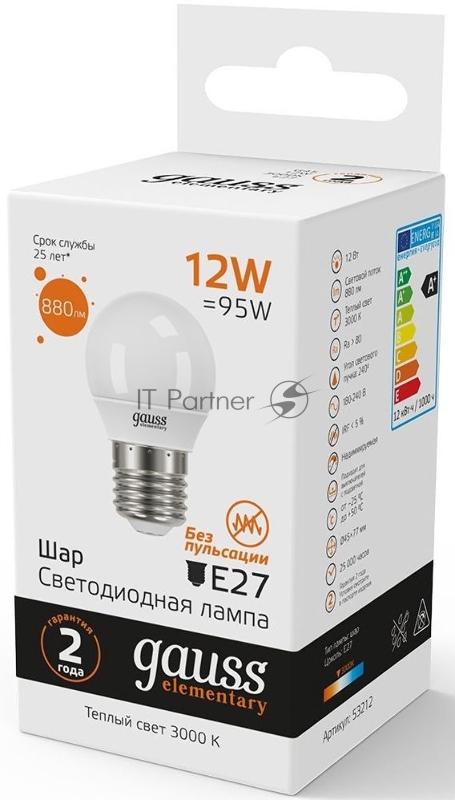 Лампа светодиодная Gauss Elementary 12Вт цок.:E27 шар 220B 3000K св.свеч.бел.теп. (упак.:10шт) (53212)