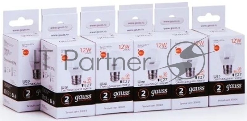 Лампа светодиодная Gauss Elementary 12Вт цок.:E27 шар 220B 3000K св.свеч.бел.теп. (упак.:10шт) (53212)