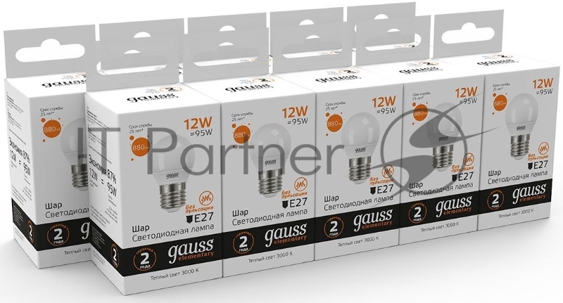 Лампа светодиодная Gauss Elementary 12Вт цок.:E27 шар 220B 3000K св.свеч.бел.теп. (упак.:10шт) (53212)