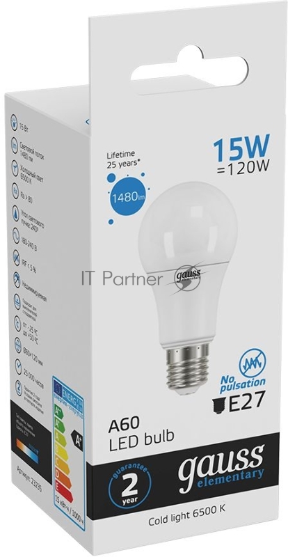 Лампа светодиодная Gauss Elementary 15Вт цок.:E27 груша 220B 6500K св.свеч.бел.хол. A60 (упак.:10шт) (23235)