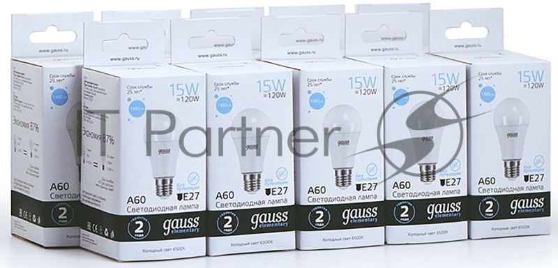 Лампа светодиодная Gauss Elementary 15Вт цок.:E27 груша 220B 6500K св.свеч.бел.хол. A60 (упак.:10шт) (23235)