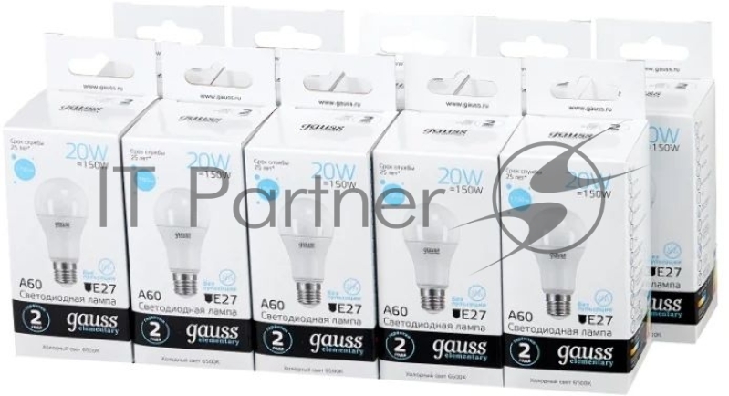 Лампа светодиодная Gauss Elementary 20Вт цок.:E27 груша 220B 6500K св.свеч.бел.хол. A60 (упак.:10шт) (23239)