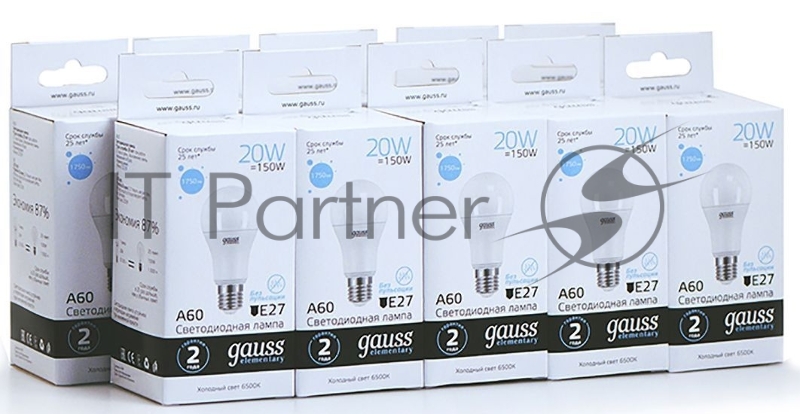 Лампа светодиодная Gauss Elementary 20Вт цок.:E27 груша 220B 6500K св.свеч.бел.хол. A60 (упак.:10шт) (23239)