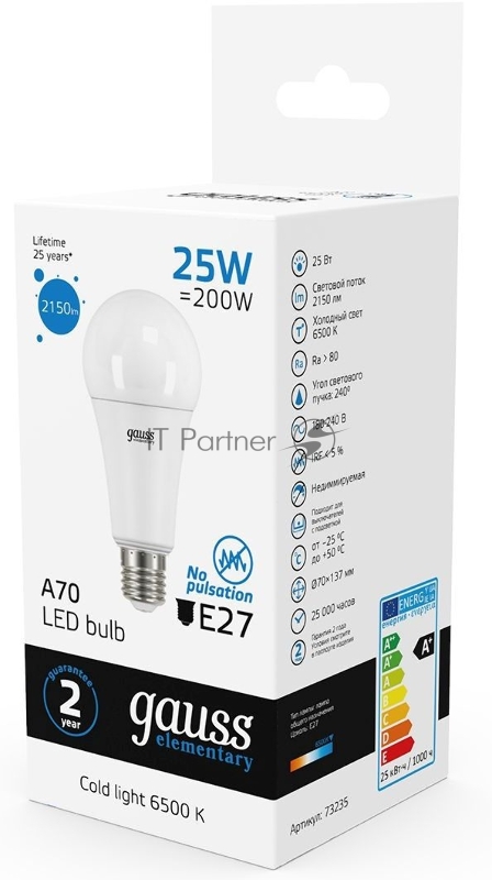 Лампа светодиодная Gauss Elementary 25Вт цок.:E27 груша 220B 6500K св.свеч.бел.хол. A67 (упак.:10шт) (73235)
