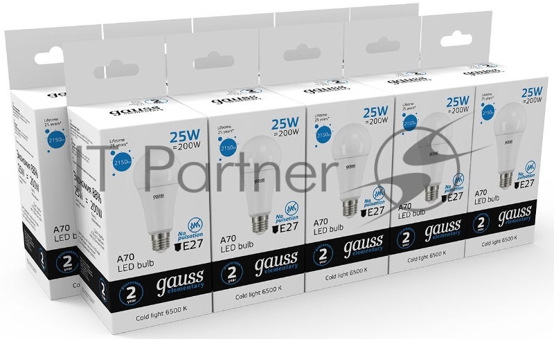 Лампа светодиодная Gauss Elementary 25Вт цок.:E27 груша 220B 6500K св.свеч.бел.хол. A67 (упак.:10шт) (73235)