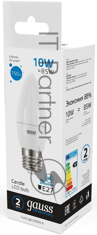 Лампа светодиодная Gauss Elementary 30230 10Вт цок.:E27 свеча 220B 6500K св.свеч.бел.хол. (упак.:10шт)