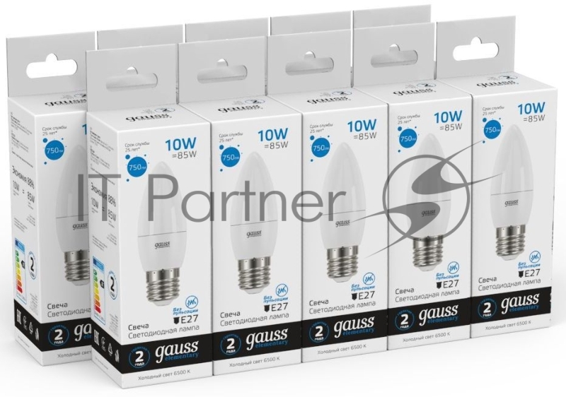 Лампа светодиодная Gauss Elementary 30230 10Вт цок.:E27 свеча 220B 6500K св.свеч.бел.хол. (упак.:10шт)