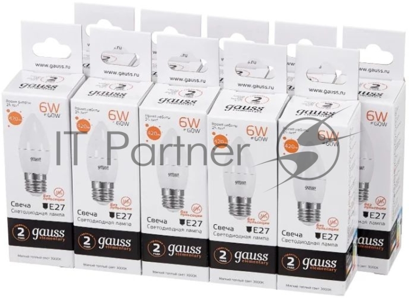 Лампа светодиодная Gauss Elementary 6Вт цок.:E27 свеча 220B 3000K св.свеч.бел.теп. C37 (упак.:10шт) (33216)
