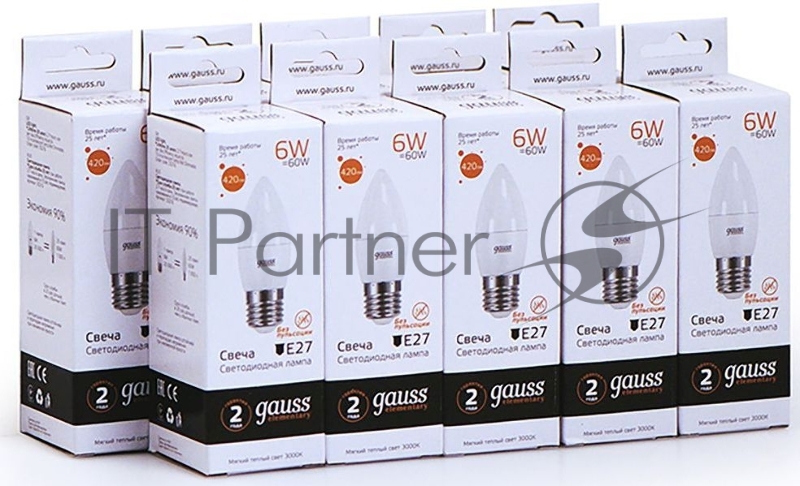 Лампа светодиодная Gauss Elementary 6Вт цок.:E27 свеча 220B 3000K св.свеч.бел.теп. C37 (упак.:10шт) (33216)