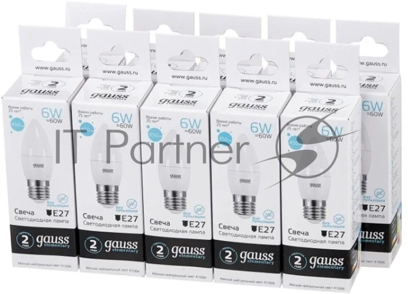 Лампа светодиодная Gauss Elementary 6Вт цок.:E27 свеча 220B 4100K св.свеч.бел.ней. C37 (упак.:10шт) (33226)