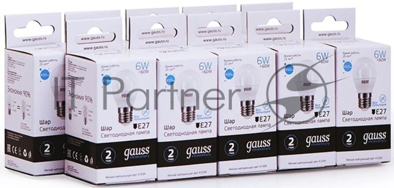 Лампа светодиодная Gauss Elementary 6Вт цок.:E27 шар 220B 4100K св.свеч.бел.ней. (упак.:10шт) (53226)