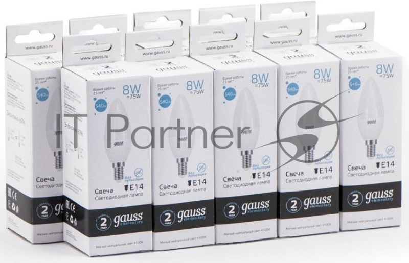 Лампа светодиодная Gauss Elementary 8Вт цок.:E14 свеча 220B 4100K св.свеч.бел.ней. С35 (упак.:10шт) (33128)
