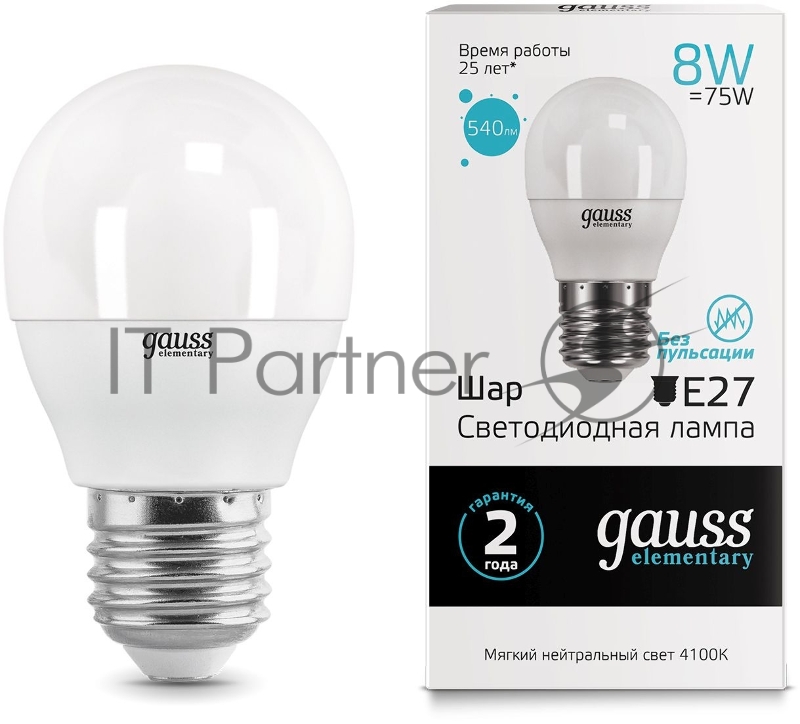 Лампа светодиодная Gauss Elementary 8Вт цок.:E27 шар 220B 4100K св.свеч.бел.ней. (упак.:10шт) (53228)