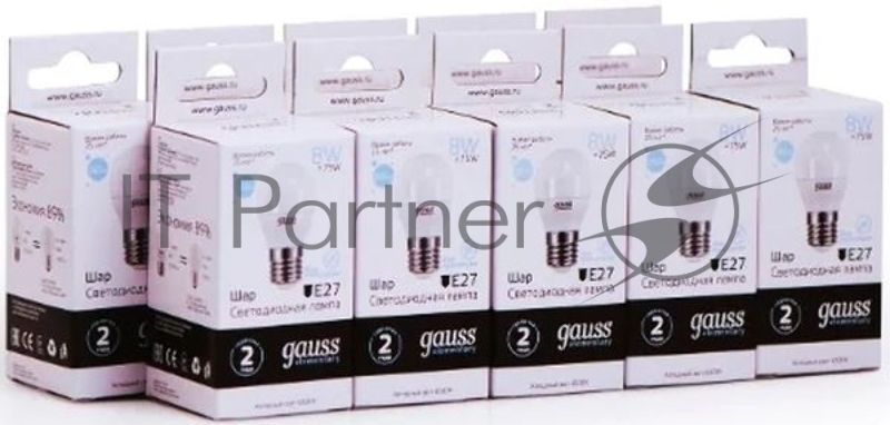 Лампа светодиодная Gauss Elementary 8Вт цок.:E27 шар 220B 6500K св.свеч.бел.хол. (упак.:10шт) (53238)