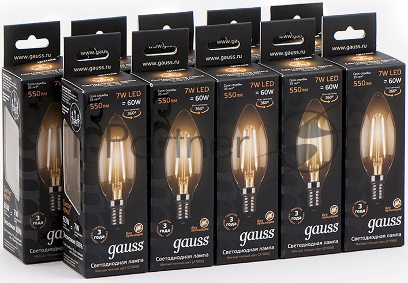 Лампа филам. Gauss 7Вт цок.:E14 свеча 220B 2700K св.свеч.бел.теп. C37 (упак.:10шт) (103801107)
