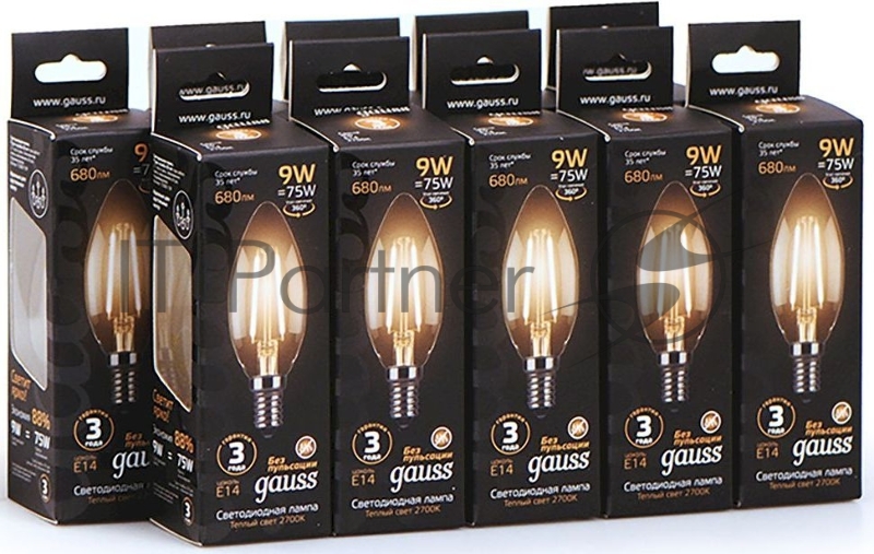 Лампа филам. Gauss 9Вт цок.:E14 свеча 220B 2700K св.свеч.бел.теп. C37 (упак.:10шт) (103801109)