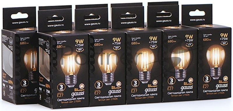 Лампа филам. Gauss 9Вт цок.:E27 шар 220B 2700K св.свеч.бел.теп. G45 (упак.:10шт) (105802109)