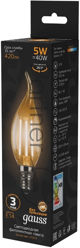 Лампа филам. Gauss Filament 5Вт цок.:E14 свеча 220B 2700K св.свеч.бел.теп. (упак.:10шт) (104801105)