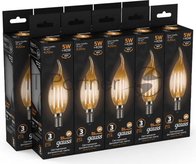 Лампа филам. Gauss Filament 5Вт цок.:E14 свеча 220B 2700K св.свеч.бел.теп. (упак.:10шт) (104801105)