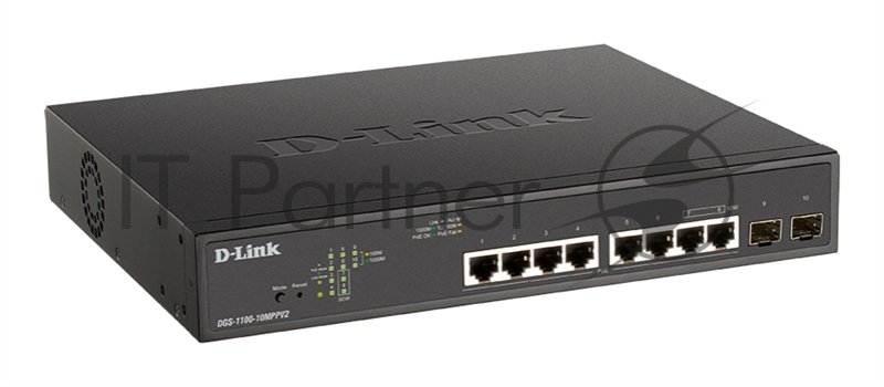 Коммутатор D-Link DGS-1100-10MPPV2/A3A, L2 Smart Switch with 8 10/100/1000Base-T ports and 2 1000Base-X SFP ports (6 PoE ports 802.3af/802.3at (30 W), 2 ports 802.3af/802.3at/802.3bt (90W), PoE Budget 242 W).8K