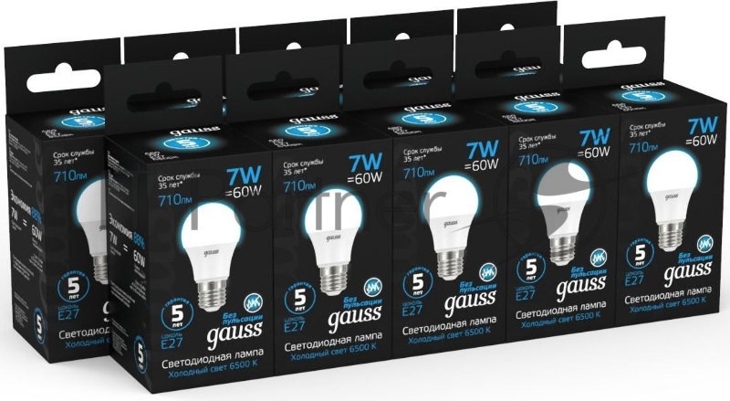 Лампа светодиодная Gauss 102502307 7Вт цок.:E27 груша 220B 6500K св.свеч.бел.хол. (упак.:10шт)