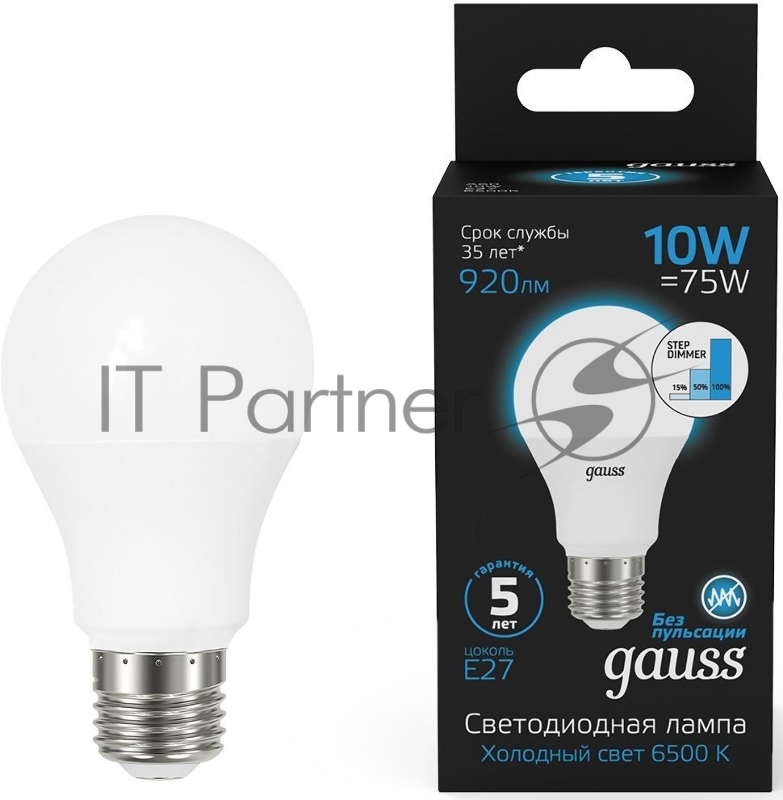 Лампа светодиодная Gauss 102502310-S 10Вт цок.:E27 груша 220B 6500K св.свеч.бел.хол. (упак.:10шт)