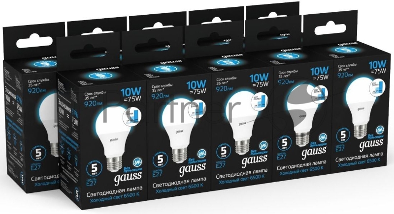 Лампа светодиодная Gauss 102502310-S 10Вт цок.:E27 груша 220B 6500K св.свеч.бел.хол. (упак.:10шт)