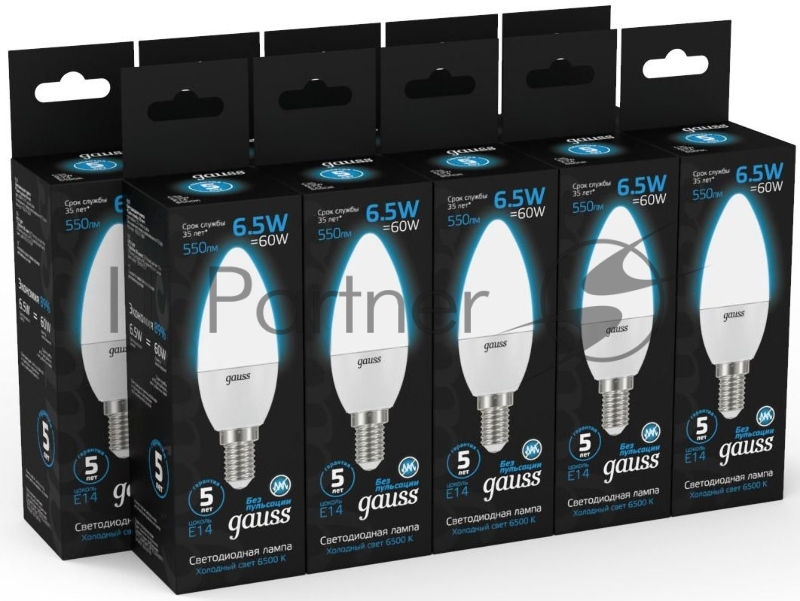 Лампа светодиодная Gauss 103101307 6.5Вт цок.:E14 свеча 220B 6500K св.свеч.бел.хол. (упак.:10шт)