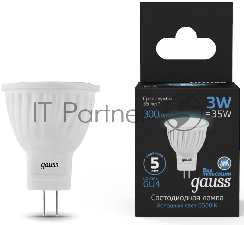 Лампа светодиодная Gauss 132517303 3Вт цок.:GU4 рефлек. 220B 6500K св.свеч.бел.хол. (упак.:10шт)