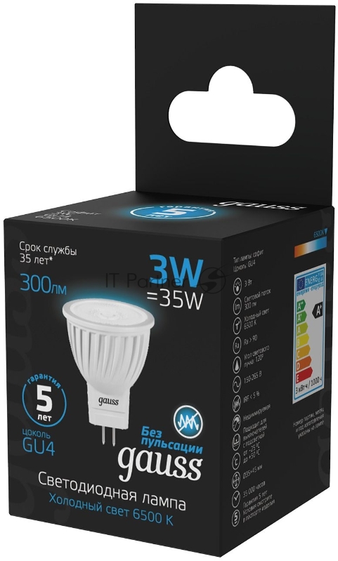 Лампа светодиодная Gauss 132517303 3Вт цок.:GU4 рефлек. 220B 6500K св.свеч.бел.хол. (упак.:10шт)