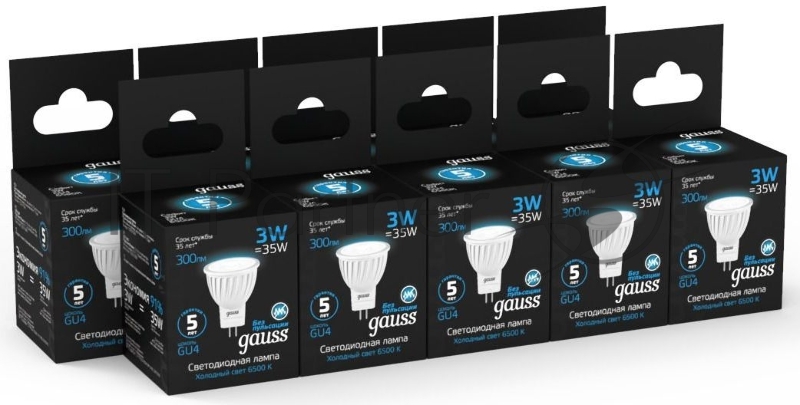 Лампа светодиодная Gauss 132517303 3Вт цок.:GU4 рефлек. 220B 6500K св.свеч.бел.хол. (упак.:10шт)