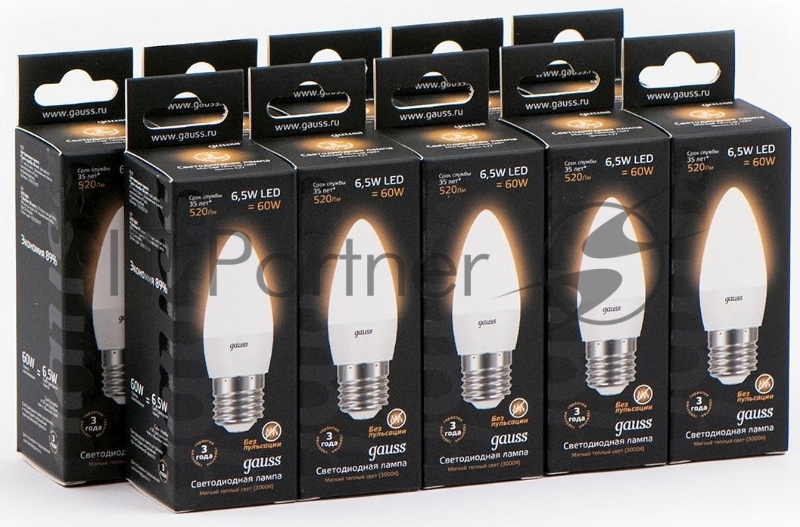 Лампа светодиодная Gauss 7Вт цок.:E27 свеча 220B 3000K св.свеч.бел.теп. (упак.:10шт) (103102107)