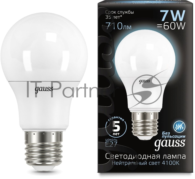 Лампа светодиодная Gauss 7Вт цок.:E27 шар 220B 4100K св.свеч.бел.ней. A60 (упак.:10шт) (102502207)