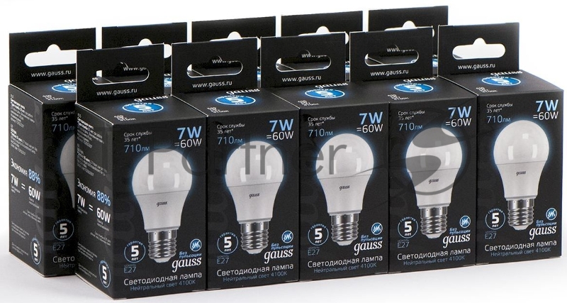 Лампа светодиодная Gauss 7Вт цок.:E27 шар 220B 4100K св.свеч.бел.ней. A60 (упак.:10шт) (102502207)