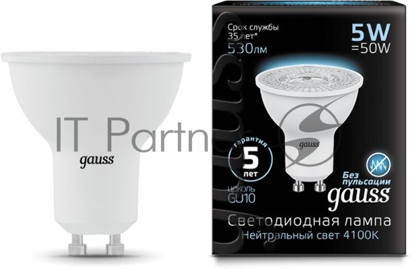 Лампа светодиодная Gauss Black 5Вт цок.:GU10 рефлек. 220B 4100K св.свеч.бел.ней. MR16 (упак.:10шт) (101506205)