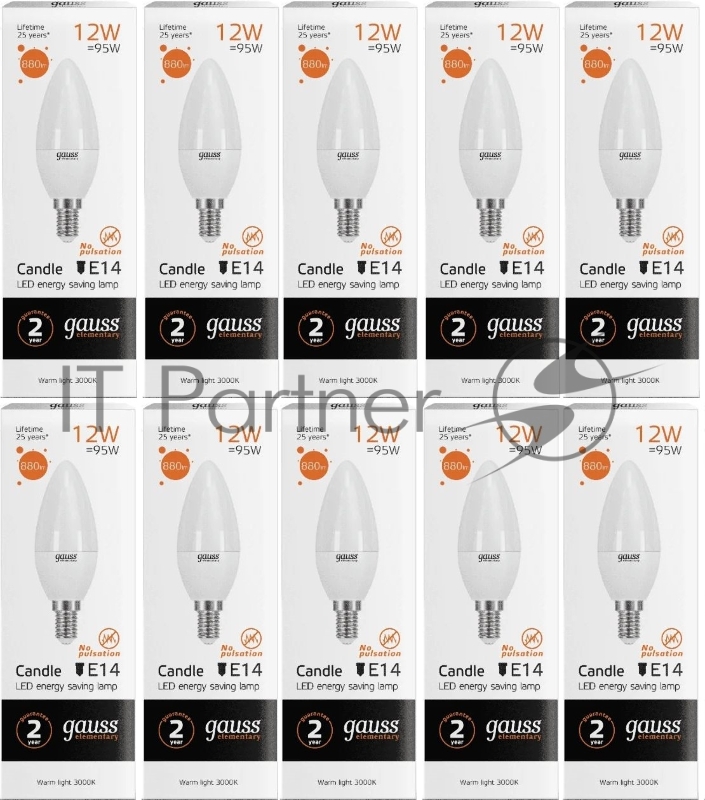 Лампа светодиодная Gauss Elementary 12Вт цок.:E14 свеча 220B 3000K св.свеч.бел.теп. C37 (упак.:10шт) (33112)