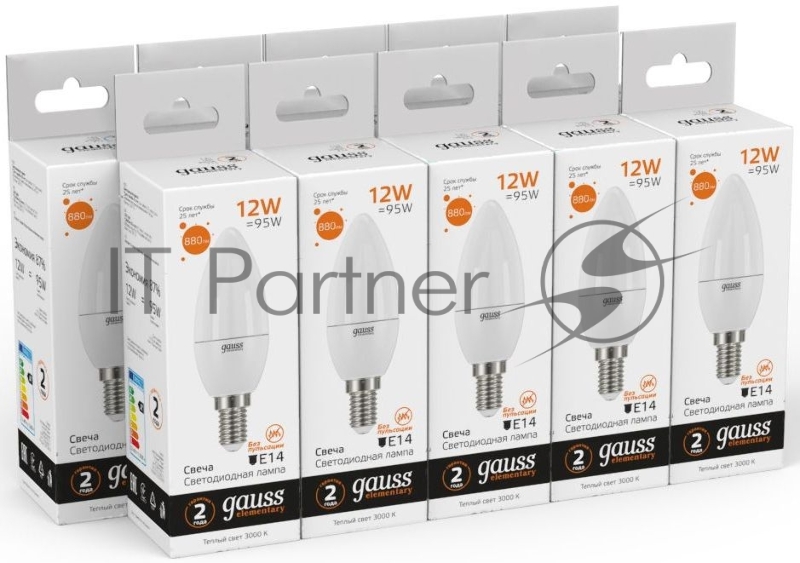 Лампа светодиодная Gauss Elementary 12Вт цок.:E14 свеча 220B 3000K св.свеч.бел.теп. C37 (упак.:10шт) (33112)