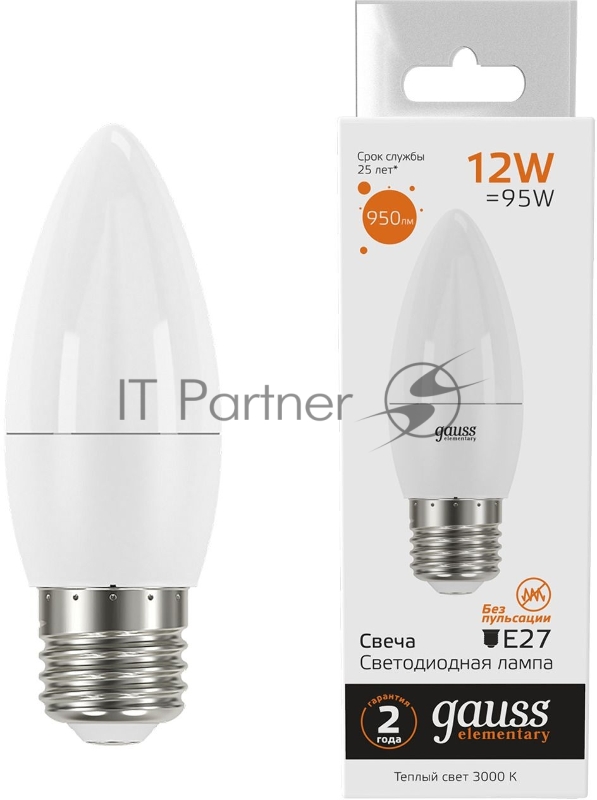Лампа светодиодная Gauss Elementary 30212 12Вт цок.:E27 свеча 220B 3000K св.свеч.бел.теп. (упак.:10шт)