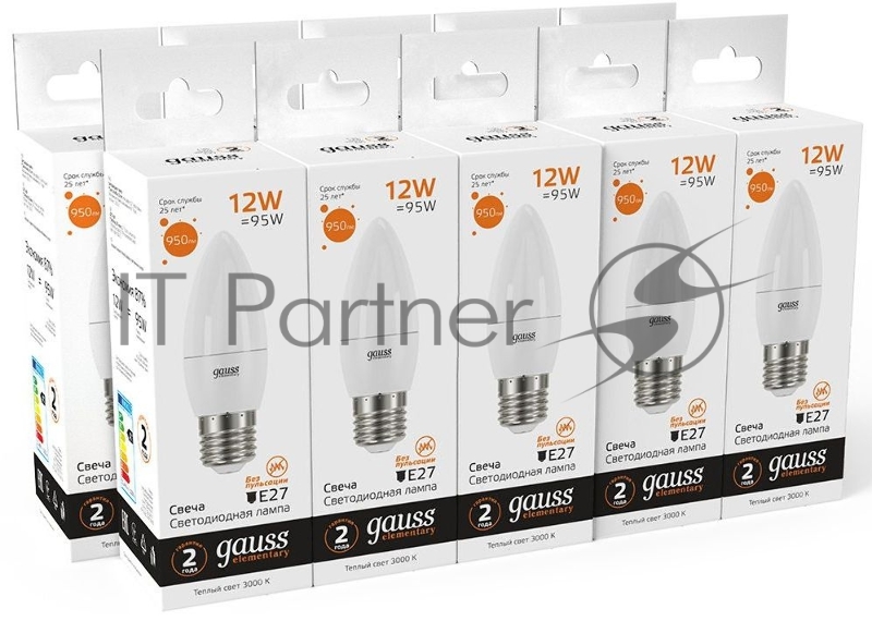 Лампа светодиодная Gauss Elementary 30212 12Вт цок.:E27 свеча 220B 3000K св.свеч.бел.теп. (упак.:10шт)