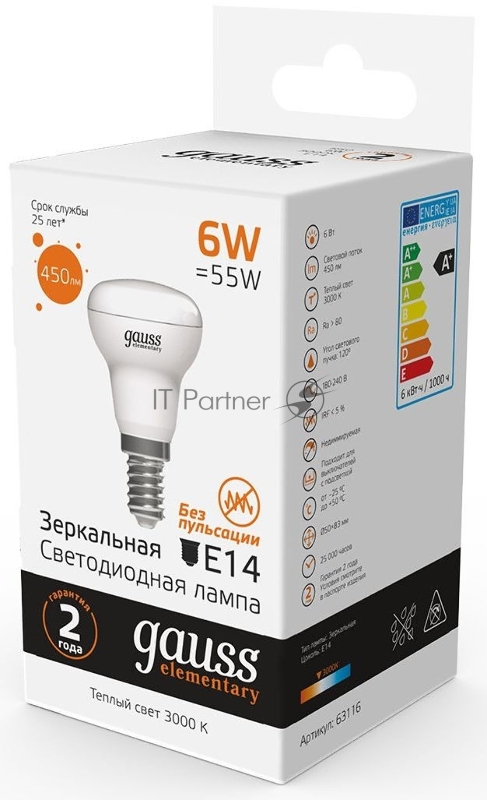 Лампа светодиодная Gauss Elementary 63116 6Вт цок.:E14 рефлек. 220B 3000K св.свеч.бел.теп. (упак.:10шт)